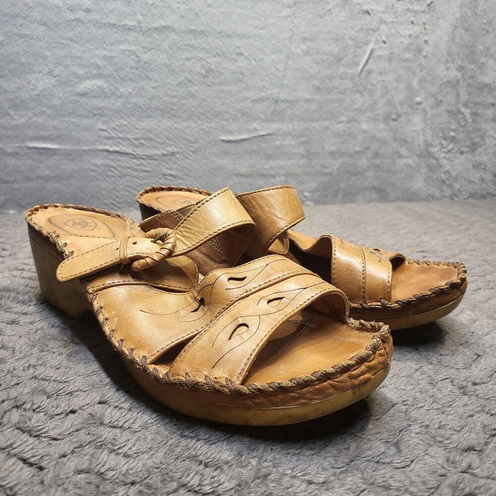 Ariat Sandals Womens Size 9.5 Brown Leather Slide Wedge Mid Heel Casual